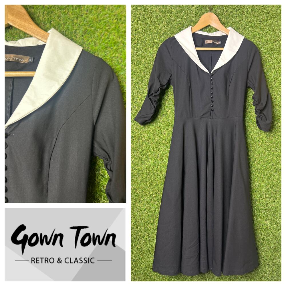 Gown Town Black Sailor Collar‎ Vintage Style Dress 3/4 Ruched Sleeves Size XS
